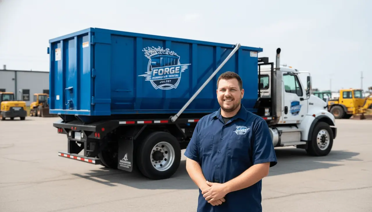 The Forge Dumpster Rental crew loading a roll-off container in Joliet, IL