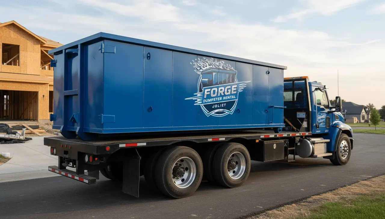 Forge Dumpster Rental roll-off truck and container on a Joliet, IL street
