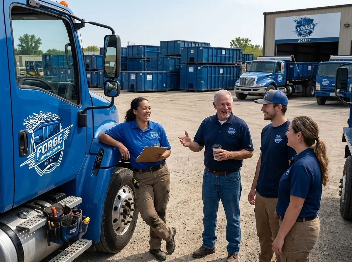 The Forge Dumpster Rental team beside a roll-off truck and container in Joliet, IL
